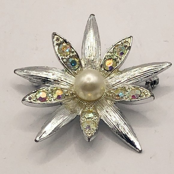 Emmons Signed Vintage Brooch Flower AB Crystal Aurora Borealis Rhinestones - Picture 2 of 13